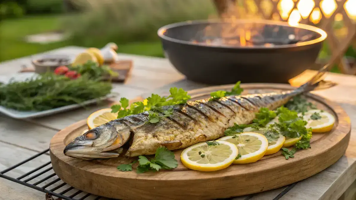 Grilled mackerel with lemon and parsley on a wooden platter.