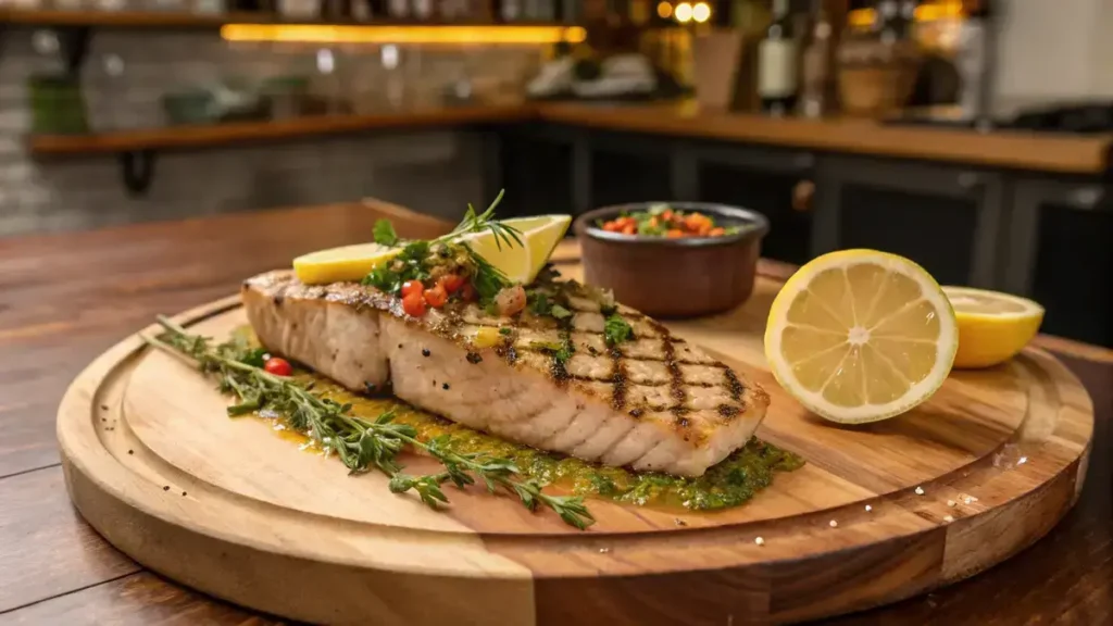 Grilled tuna belly garnished with lemon and herbs on a wooden platter.
