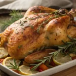 Golden brown herb roasted chicken on a wooden table with fresh herbs and lemon.
