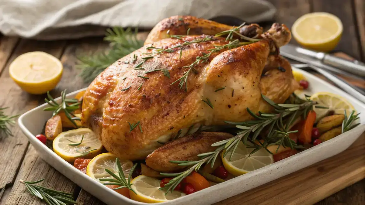Golden brown herb roasted chicken on a wooden table with fresh herbs and lemon.