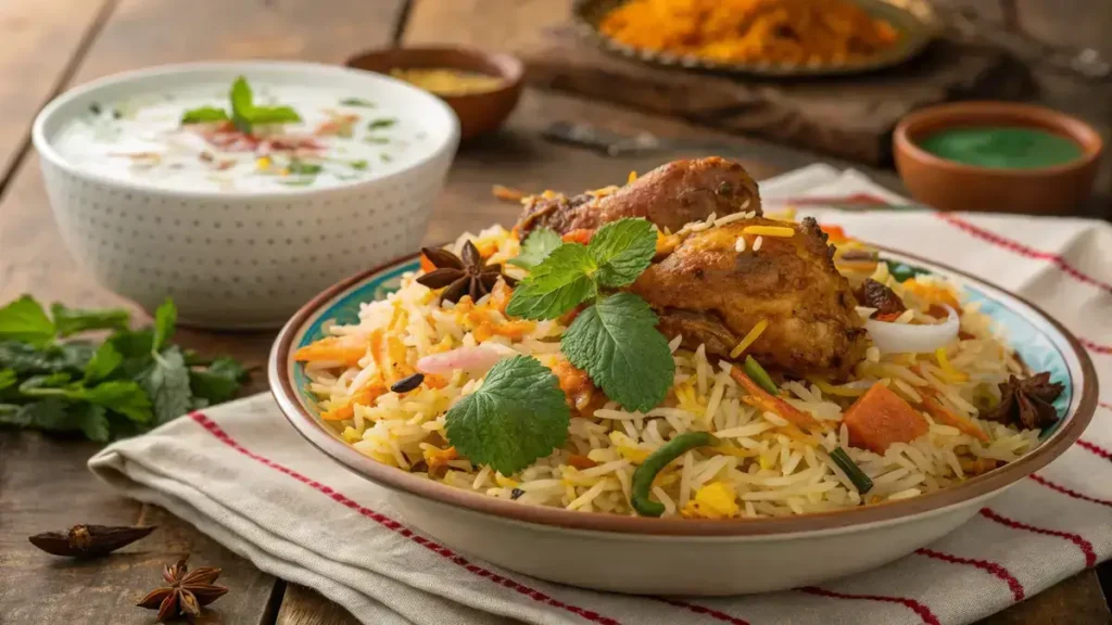 A delicious serving of biryani garnished with mint and coriander leaves.