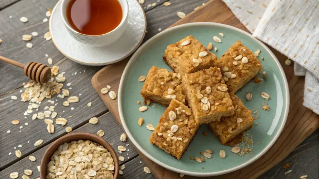 A plate of golden brown flapjacks cut into bars, garnished with oats and honey.