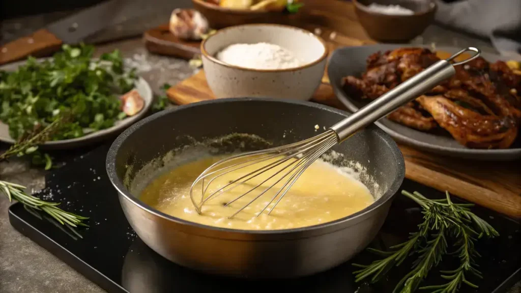 A saucepan with homemade gravy being prepared, showcasing the roux and ingredients in a cozy kitchen setting.