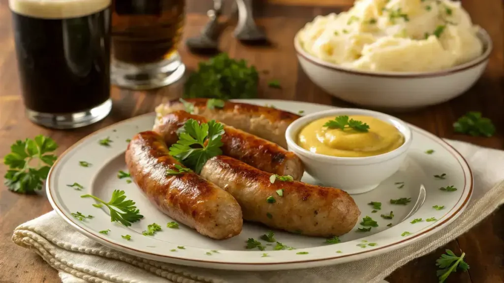 Plate of homemade Irish bangers with mustard and mashed potatoes on a rustic wooden table.