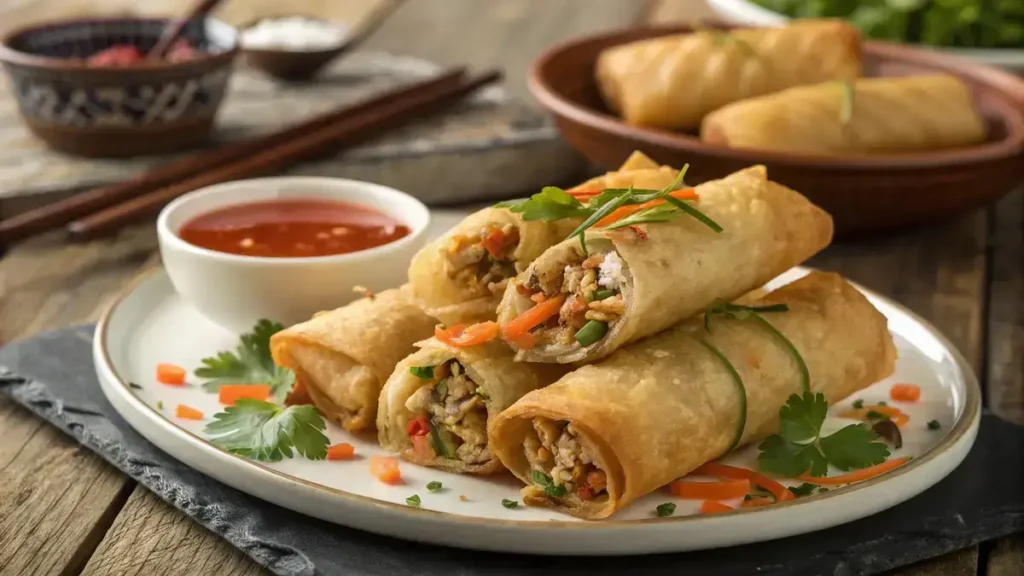 A plate of crispy lumpia with a side of dipping sauce, garnished with herbs.