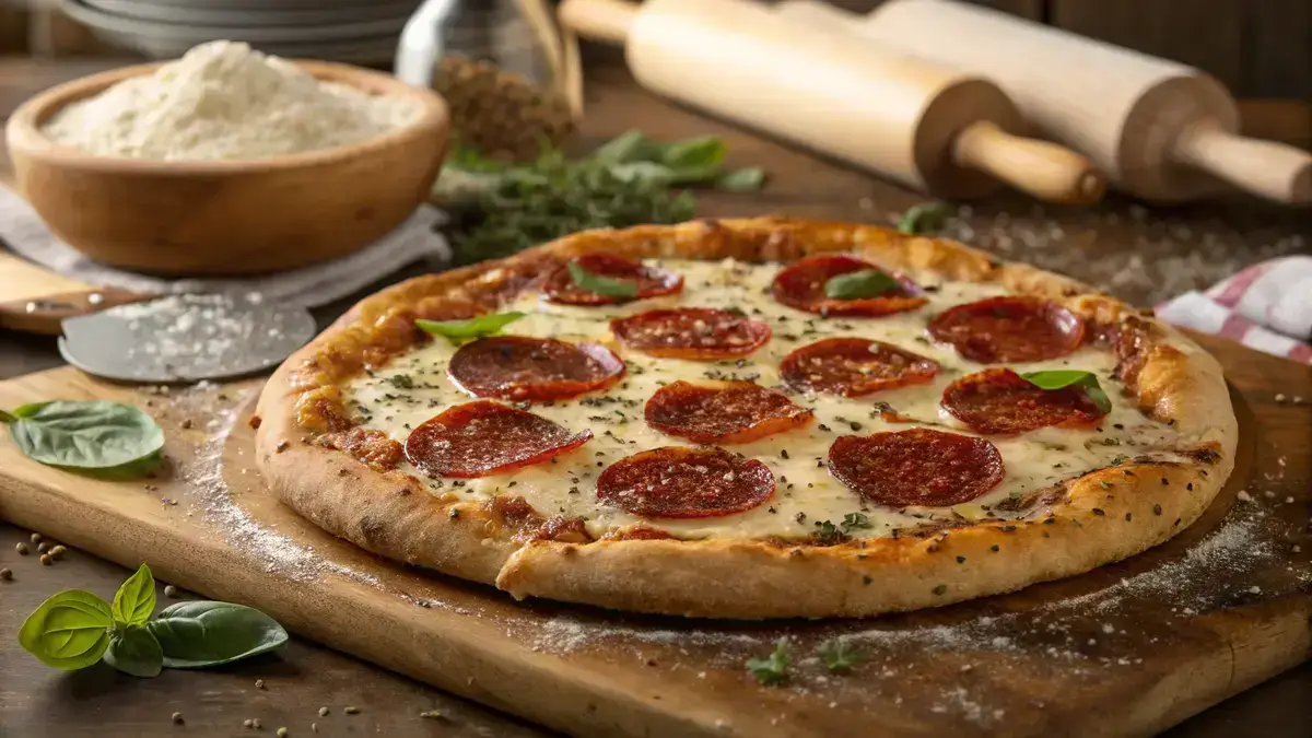 A freshly baked mac's pizza topped with cheese and pepperoni, garnished with basil.