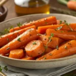 A plate of honey glazed carrots with a shiny glaze and fresh herbs, served in a rustic bowl.