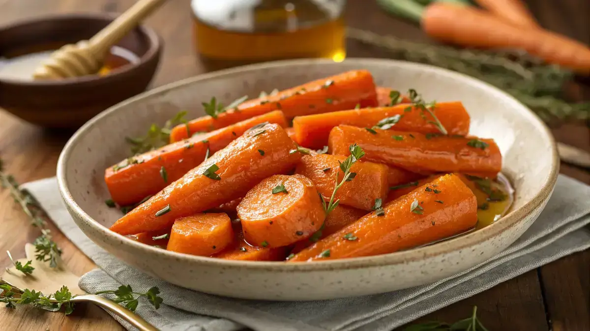 A plate of honey glazed carrots with a shiny glaze and fresh herbs, served in a rustic bowl.