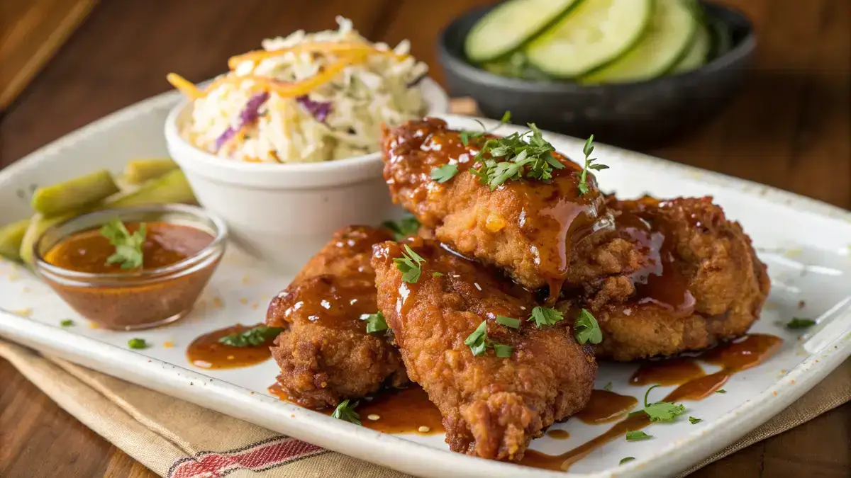 A plate of honey hot chicken with crispy fried pieces coated in honey-hot sauce, garnished with herbs.