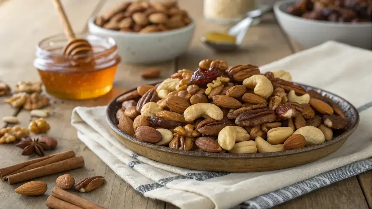 A close-up of honey roasted nuts on a wooden platter, glistening with honey and sprinkled with cinnamon.