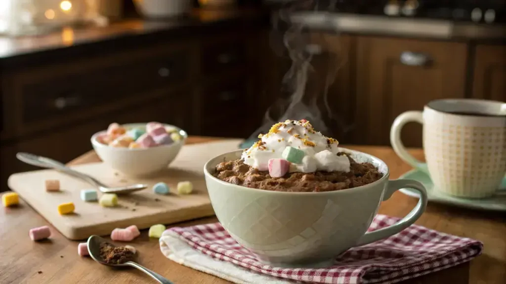 A bowl of hot chocolate oatmeal topped with whipped cream and marshmallows.