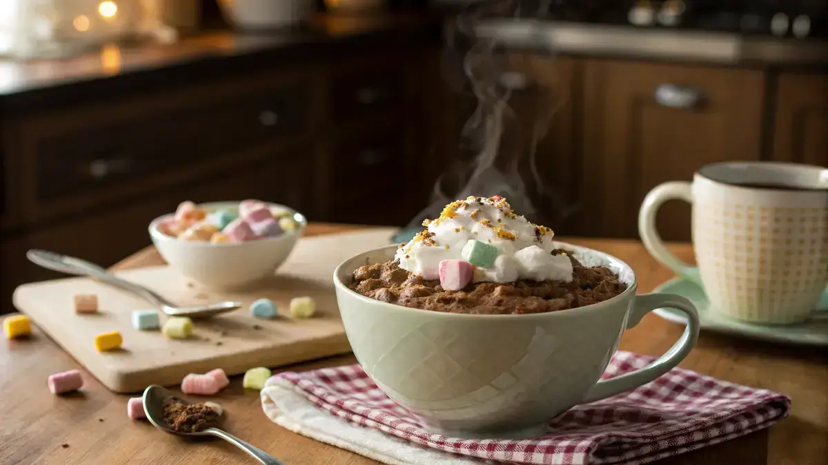 A bowl of hot chocolate oatmeal topped with whipped cream and marshmallows.