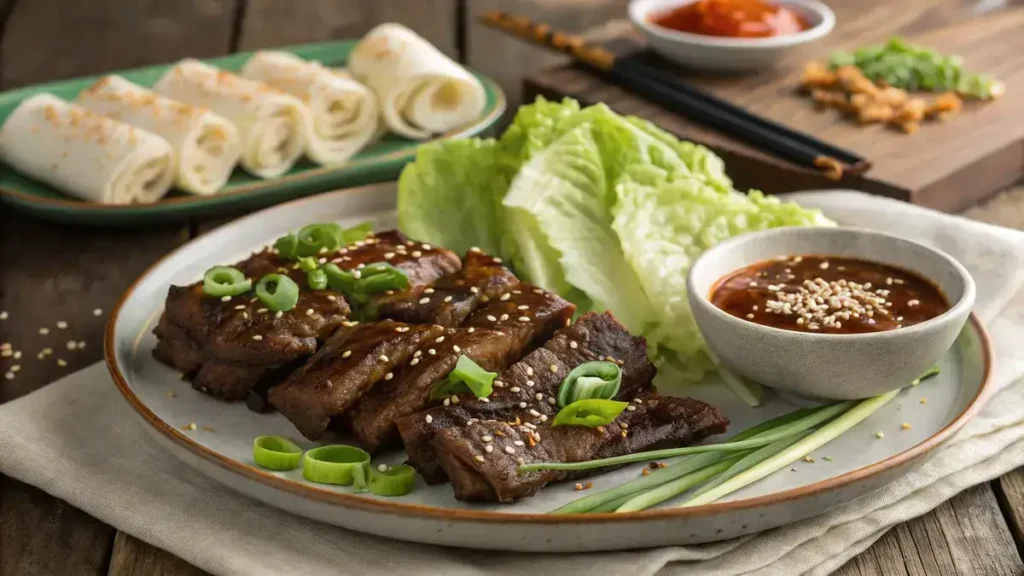 Grilled Korean BBQ meat with garnishes and lettuce wraps on a wooden table.