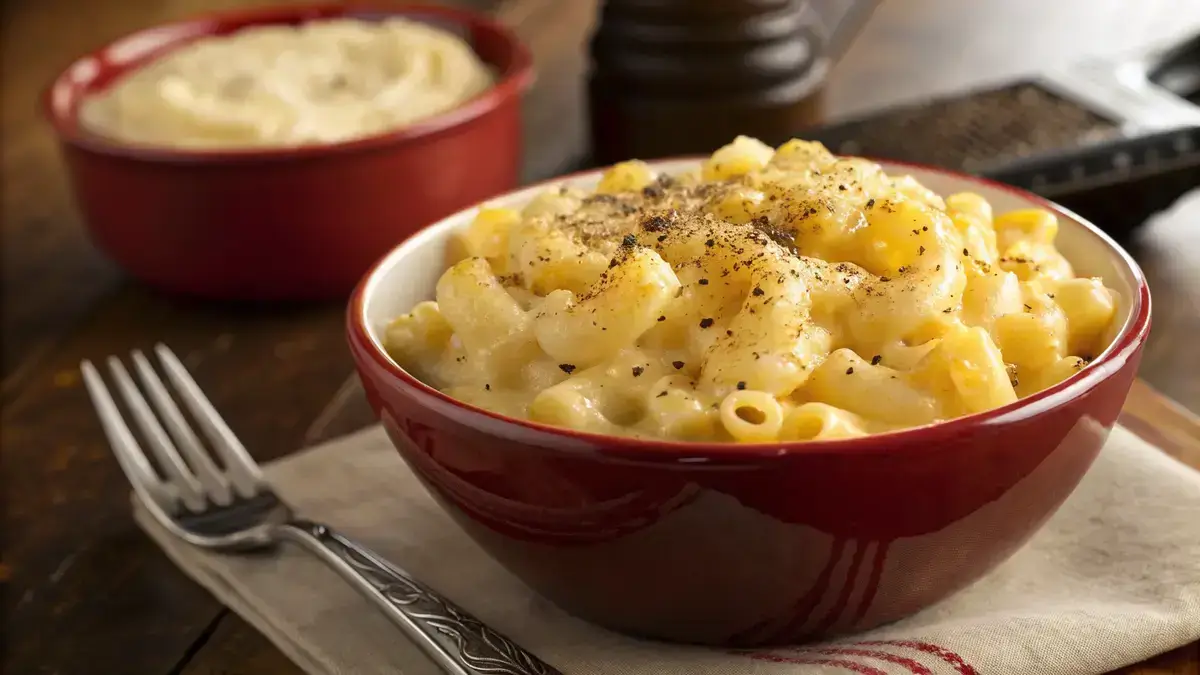 A bowl of creamy mac and cheese with melted cheese and macaroni, garnished with black pepper.