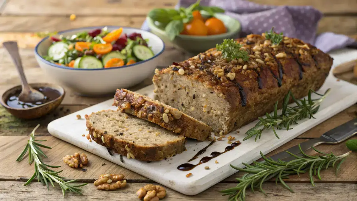 A sliced nut roast on a wooden table, garnished with herbs and vegetables.