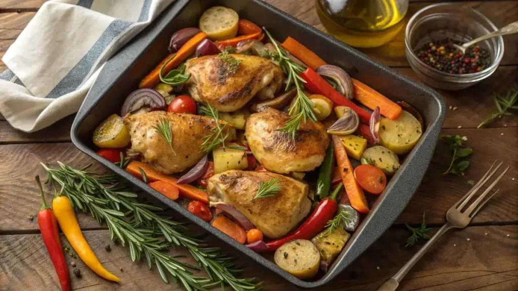 One pan roasted chicken and vegetables on a rustic wooden table.