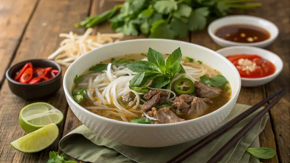 A bowl of oxtail pho with garnishes including herbs, lime, and sauces.