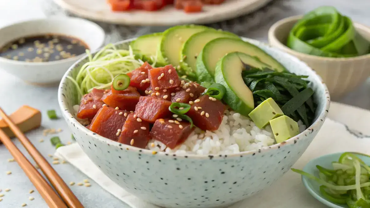 A colorful poke sushi bowl with marinated tuna, avocado, cucumber, and garnishes.