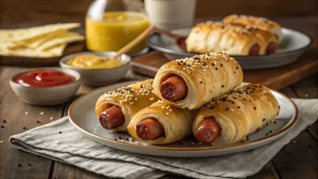 Puff pastry hot dogs on a wooden table with dipping sauces.