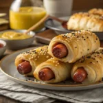 Puff pastry hot dogs on a wooden table with dipping sauces.