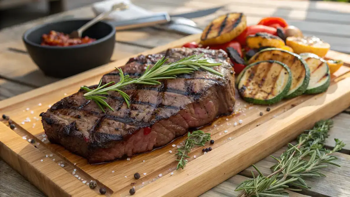 A perfectly seared rib cap steak on a wooden board, garnished with herbs.