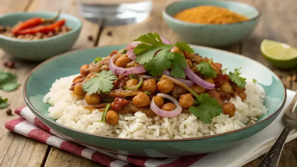 A plate of sautéed soybeans with onions and garlic, garnished with cilantro and served over rice.