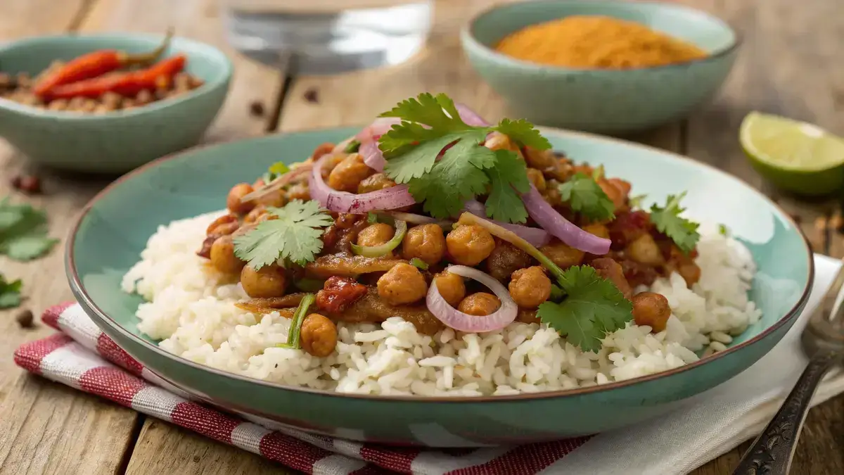 A plate of sautéed soybeans with onions and garlic, garnished with cilantro and served over rice.
