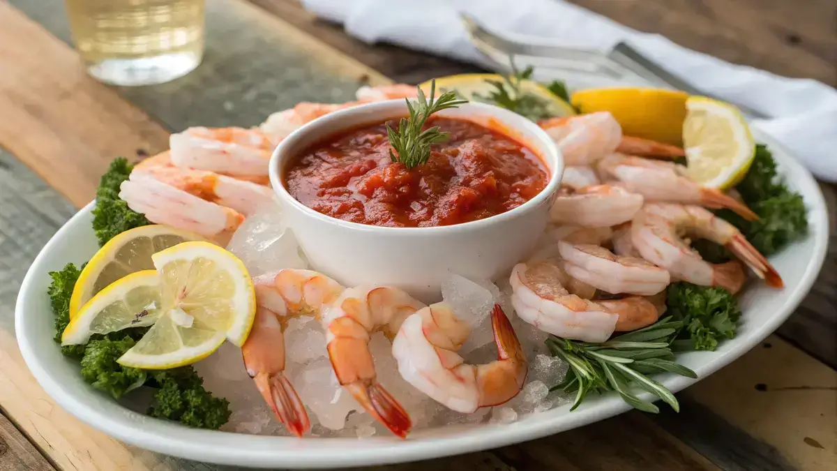 A platter of shrimp cocktail with pink shrimp, lemon wedges, and cocktail sauce.