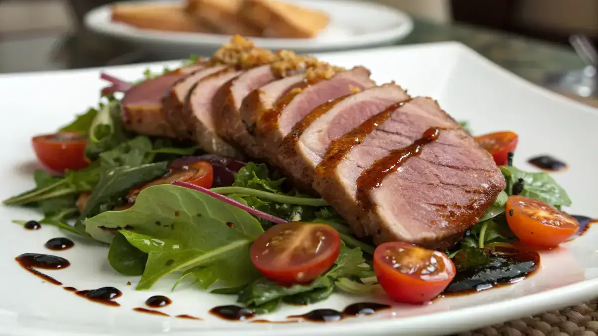 Sliced smoked duck breast served on mixed greens with cherry tomatoes and balsamic dressing.