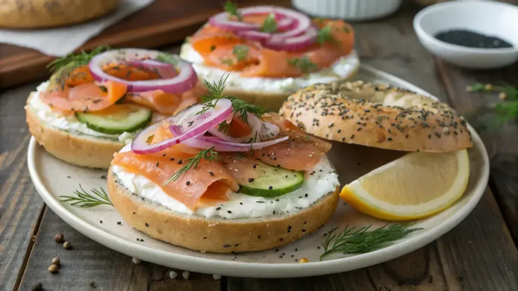 A close-up of smoked salmon bagels with cream cheese, red onion, cucumber, and dill on a rustic wooden table.