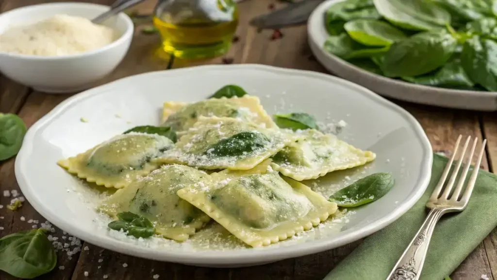 Plate of spinach ricotta ravioli garnished with Parmesan and olive oil.