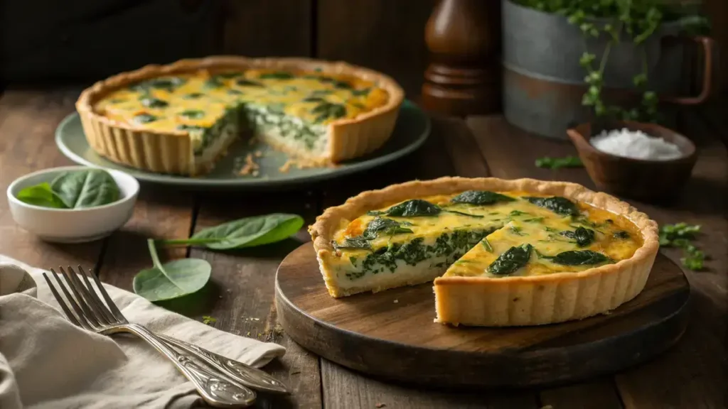 A slice of Spinach and cheese quiche on a plate, highlighting the creamy filling and flaky crust.