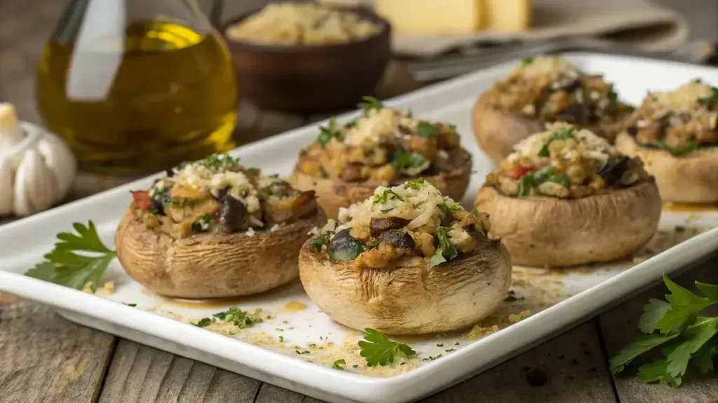 A close-up of stuffed mushrooms filled with a savory mixture, garnished with parsley.
