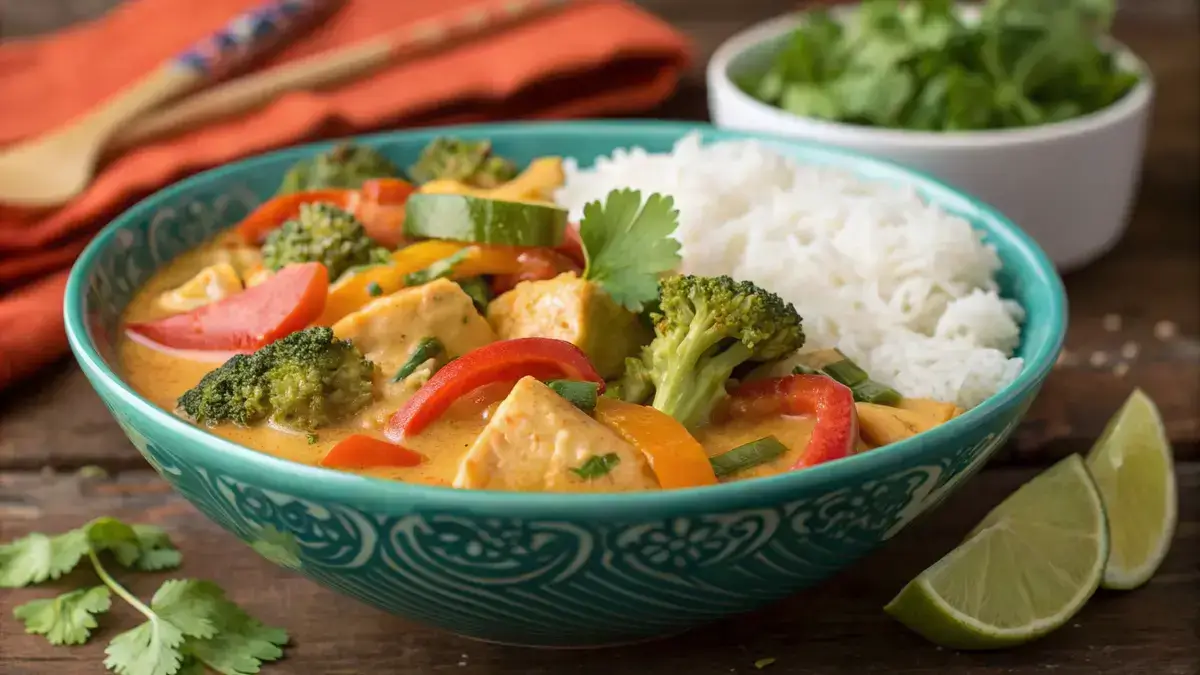 A delicious bowl of Thai coconut curry with vegetables and jasmine rice.