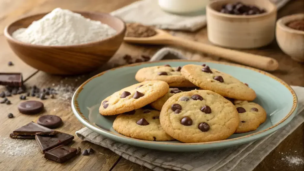 A plate of freshly baked thin chocolate chip cookies with melting chocolate chips on top.
