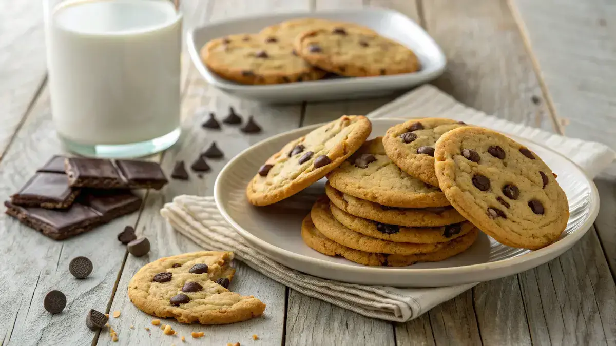 Plate of thin crispy chocolate chip cookies with a glass of milk.