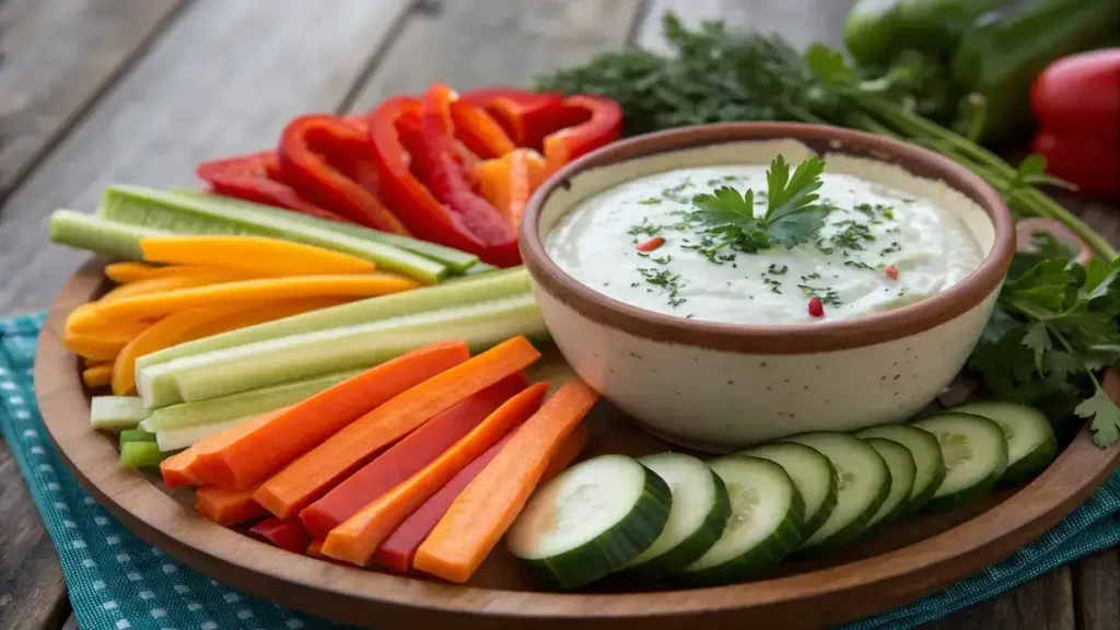 A bowl of veggie yogurt dip with fresh vegetable sticks on a wooden table.