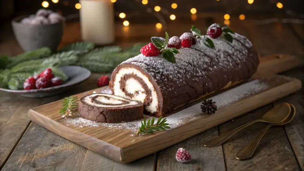 A festive Yule Log cake decorated with powdered sugar, berries, and holly on a wooden table.
