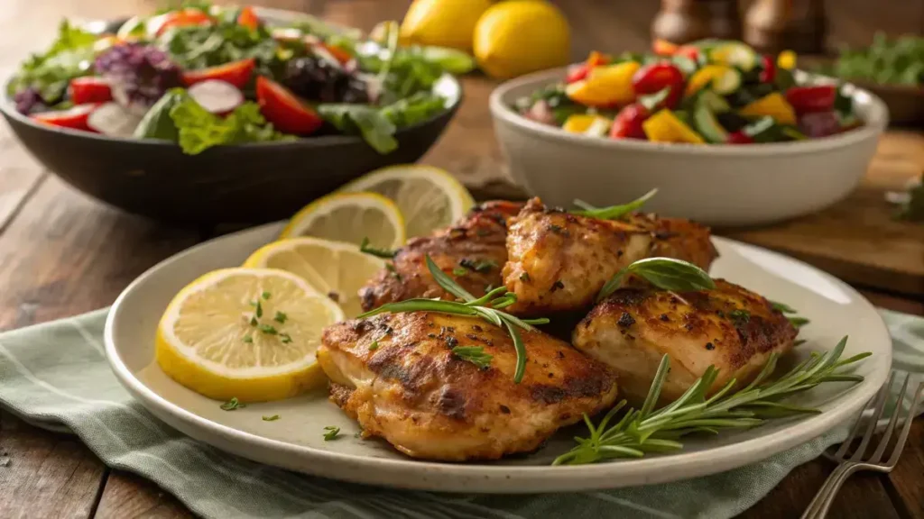 Golden-baked boneless chicken thighs served with fresh herbs and lemon wedges.