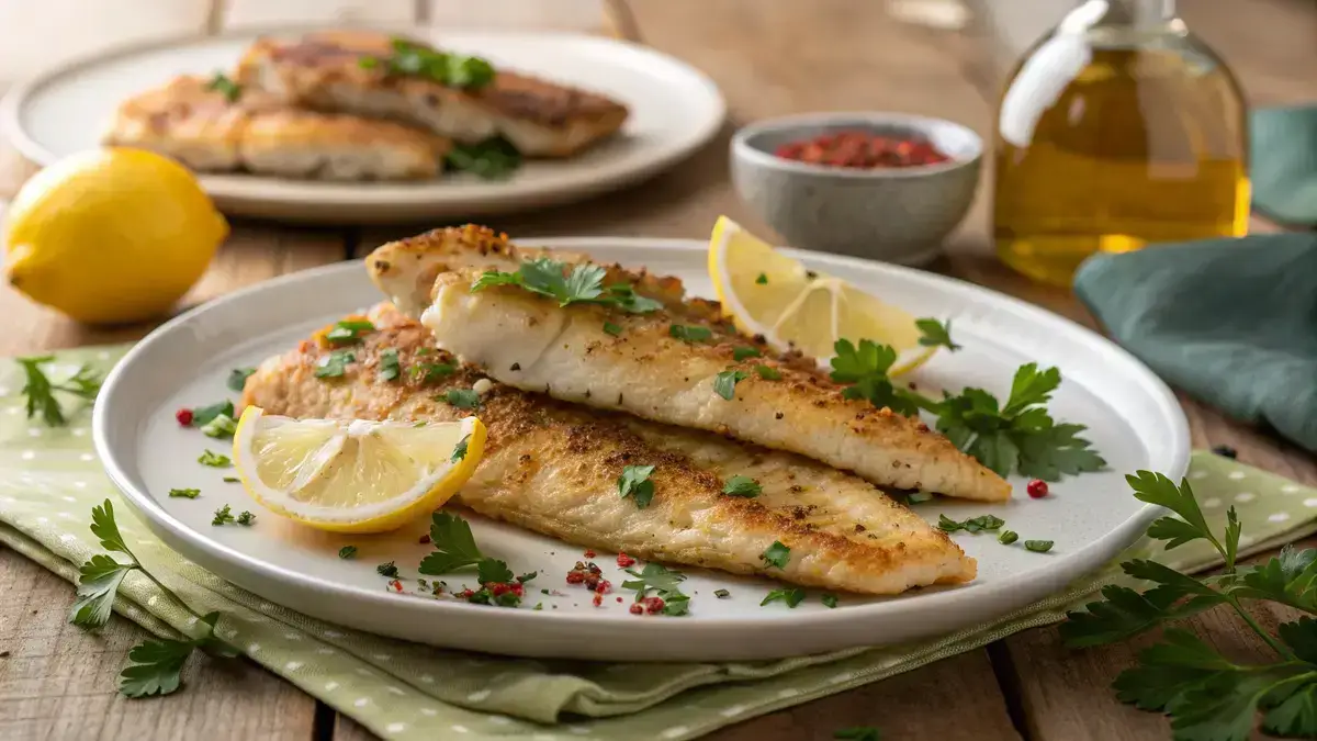 Cooked whiting fish fillets garnished with parsley and lemon wedges on a wooden table.