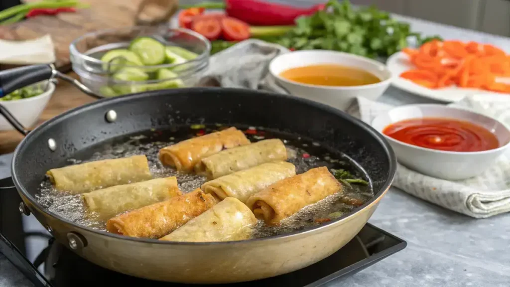 Crispy golden frozen egg rolls frying in oil with dipping sauces in the background.