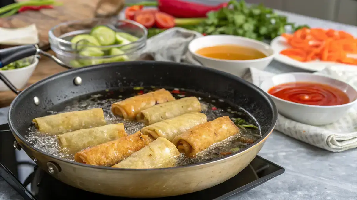 Crispy golden frozen egg rolls frying in oil with dipping sauces in the background.