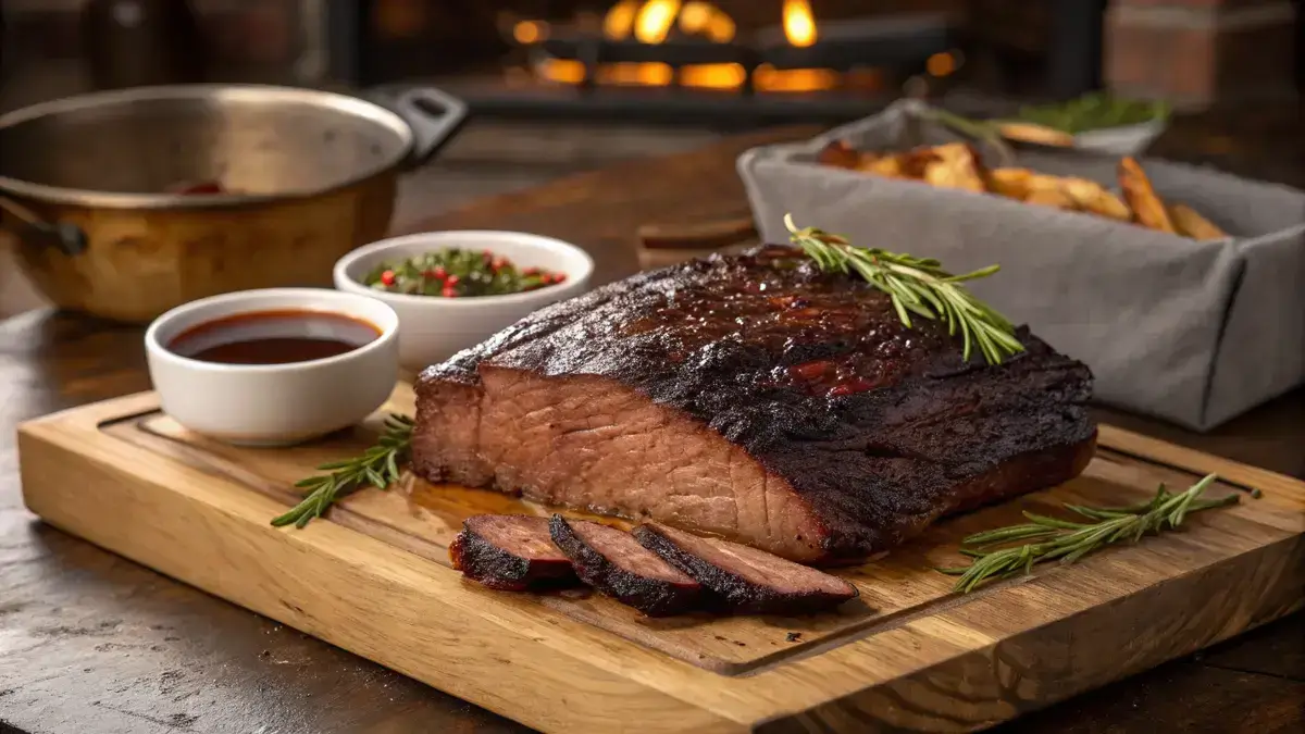 Roasted beef brisket flat with a dark crust on a wooden cutting board, garnished with herbs.