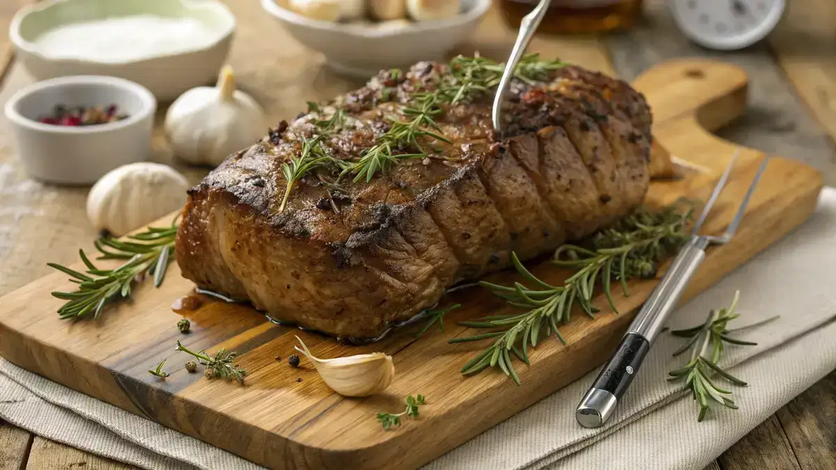 A perfectly cooked strip loin roast resting on a cutting board with herbs and garlic.
