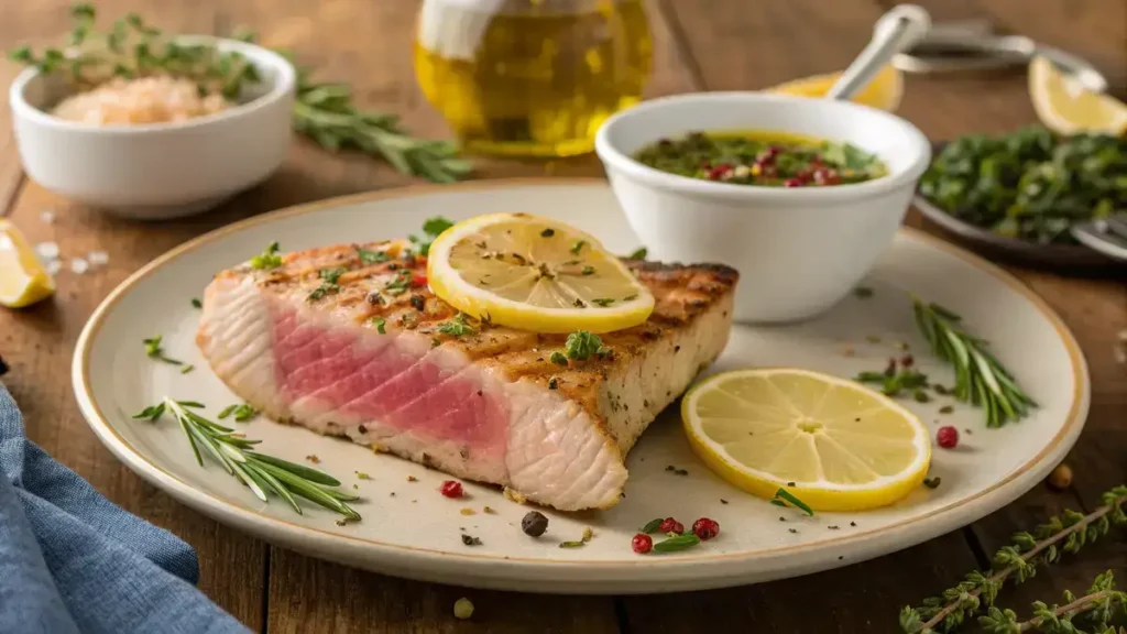 Seared tuna steak served with lemon wedges on a rustic wooden table.