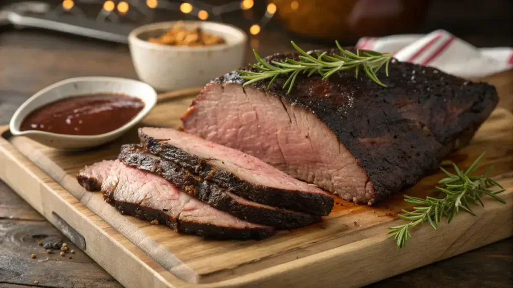 Sliced prime beef brisket on a wooden cutting board with herbs and barbecue sauce.