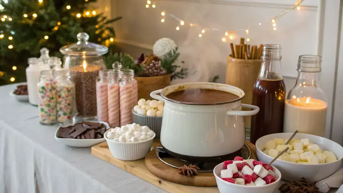 A cozy hot chocolate bar setup with a pot of hot chocolate and various toppings.