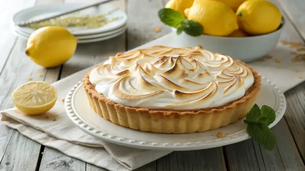 Delicious lemon meringue pie with golden meringue topping and fresh lemons on the side.