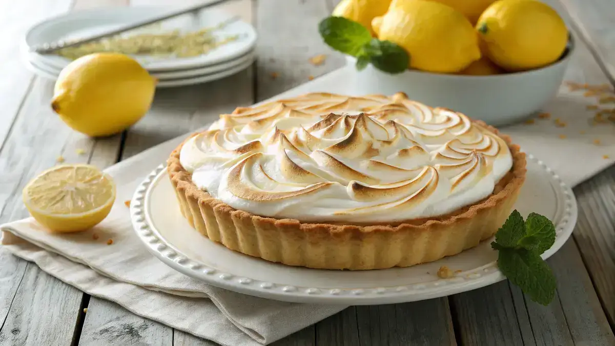 Delicious lemon meringue pie with golden meringue topping and fresh lemons on the side.