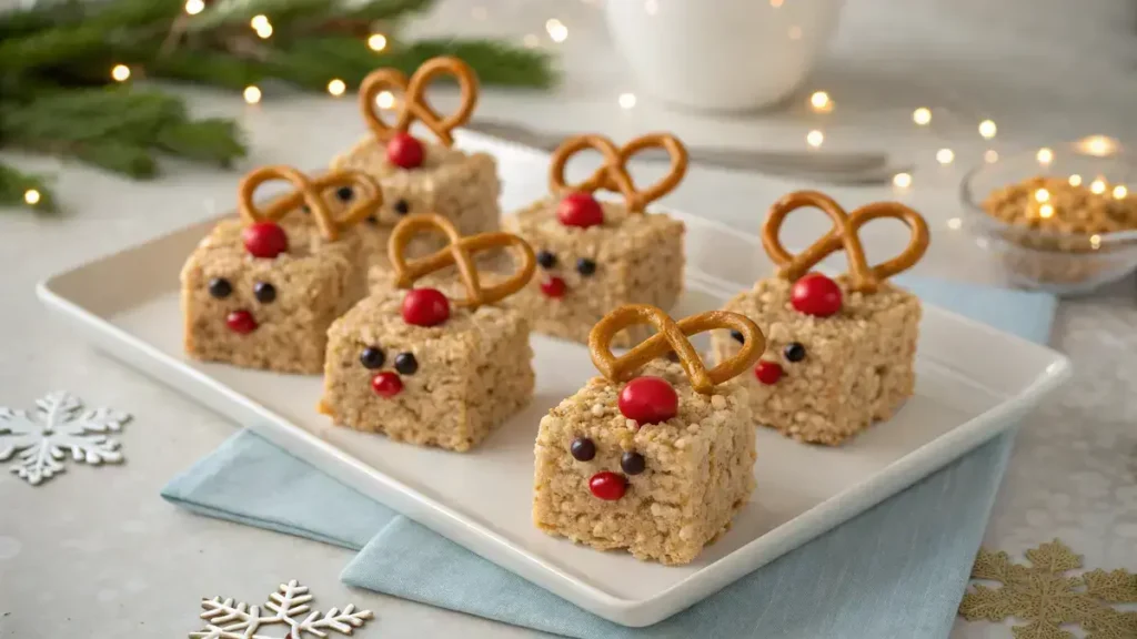 A plate of Reindeer rice krispies treats decorated with pretzel antlers and candy eyes.